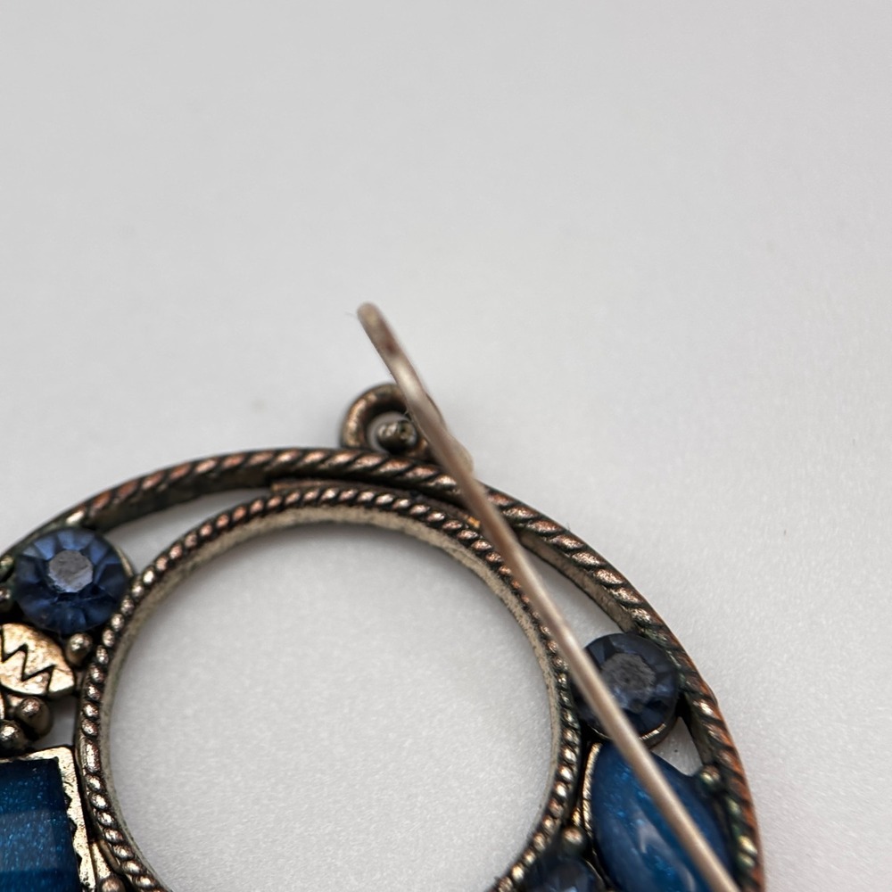 Vintage 90s Bronze Tone Open Hoop Dangle Earrings Multi Blue Rhinestone Jewelry - Picture 9 of 11